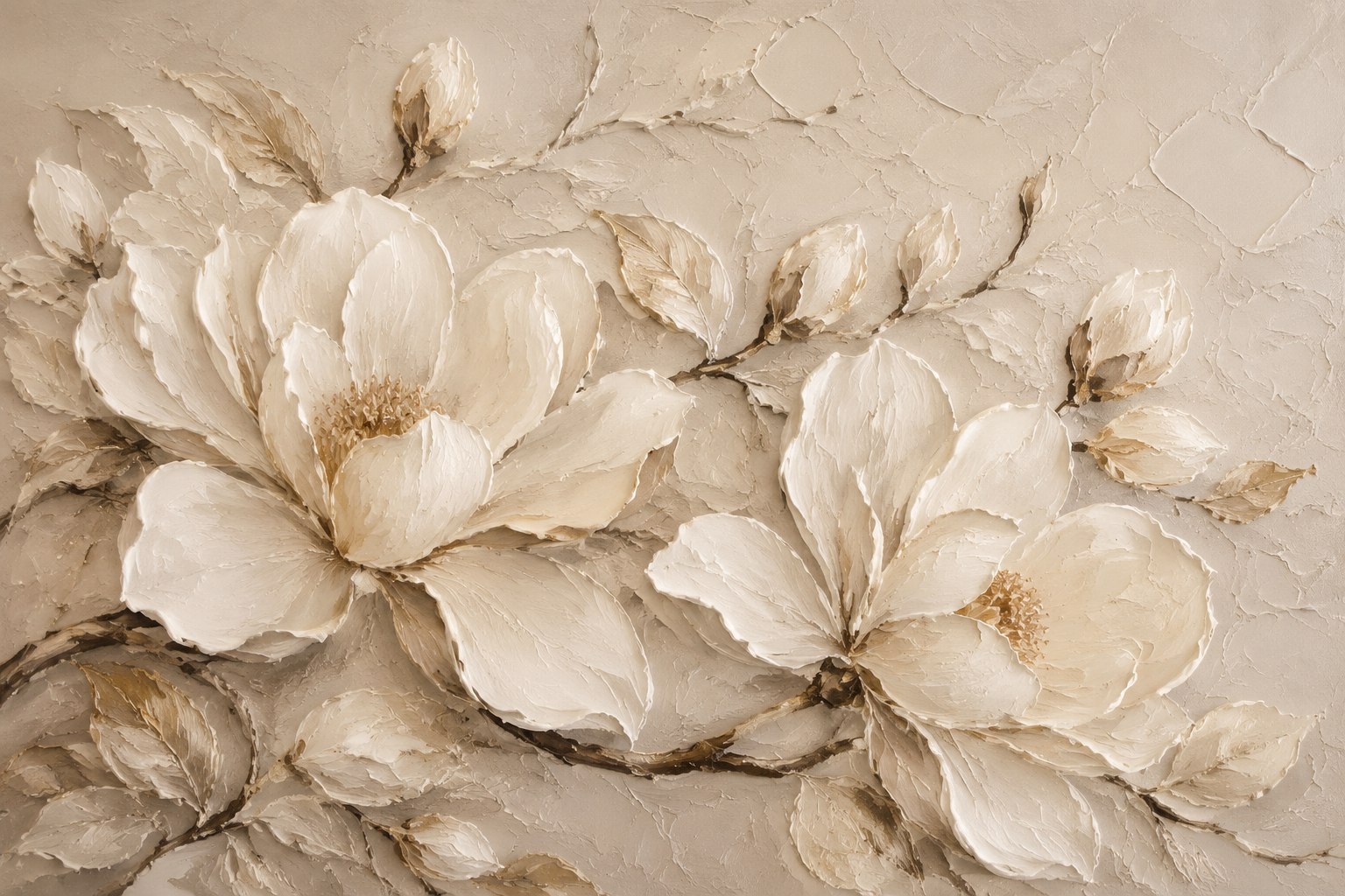 Cream Magnolia Textured Relief Framed Canvas Wall Art | Neutral Luxury Floral Print
