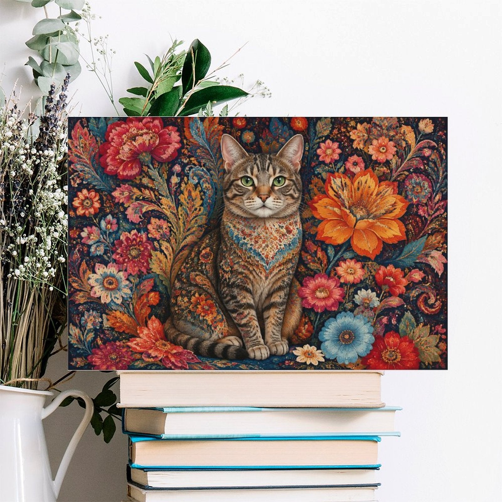 Persian Floral Tabby Cat Framed Canvas Wall Art | Folk Art Botanical Animal Print
