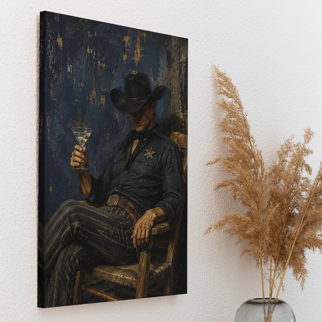 Cowboy Sheriff Martini Dark Blue Vintage Framed Canvas Wall Art | Western Noir Figurative Print