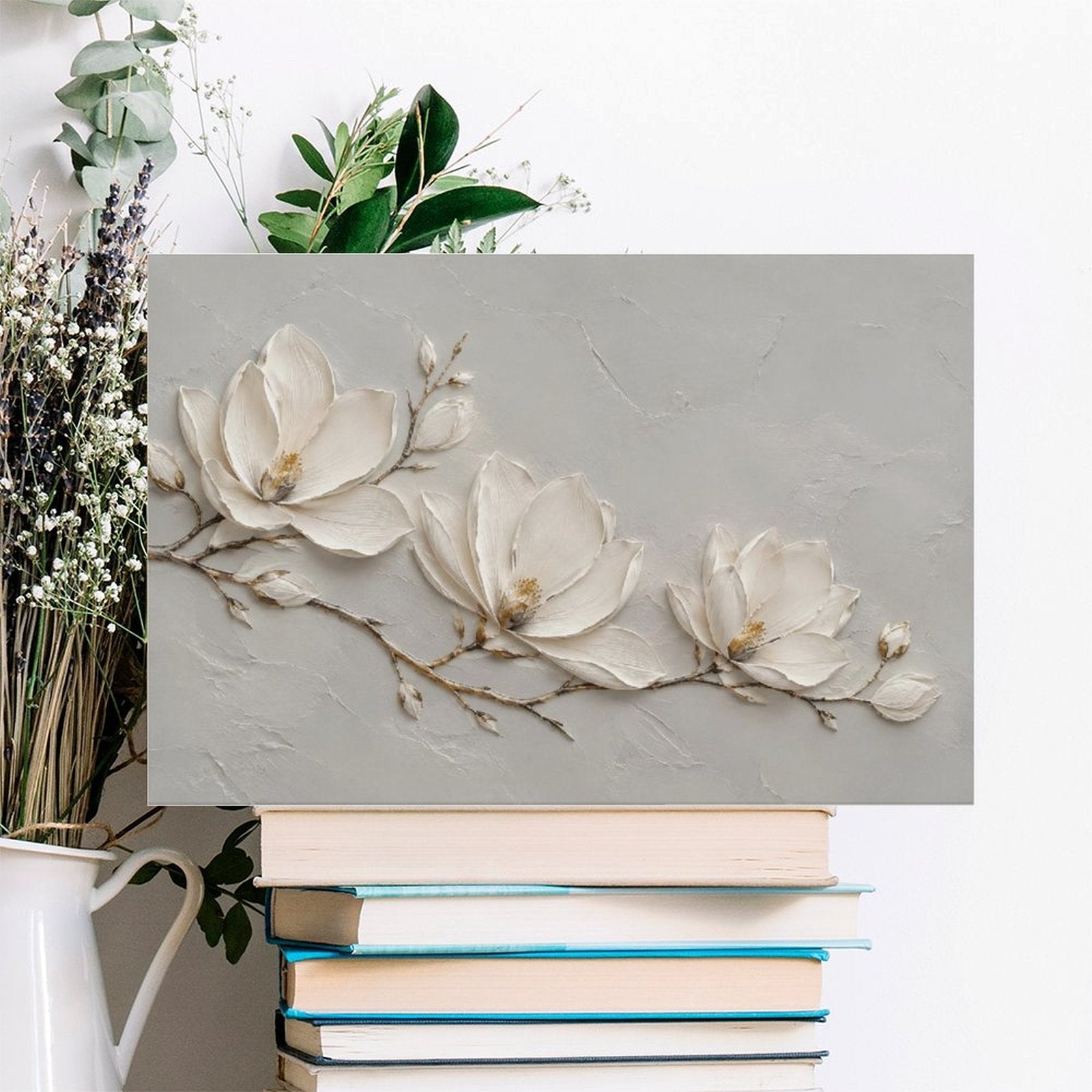 White Magnolia Branch Textured Framed Canvas Wall Art | Minimalist Floral Botanical Print