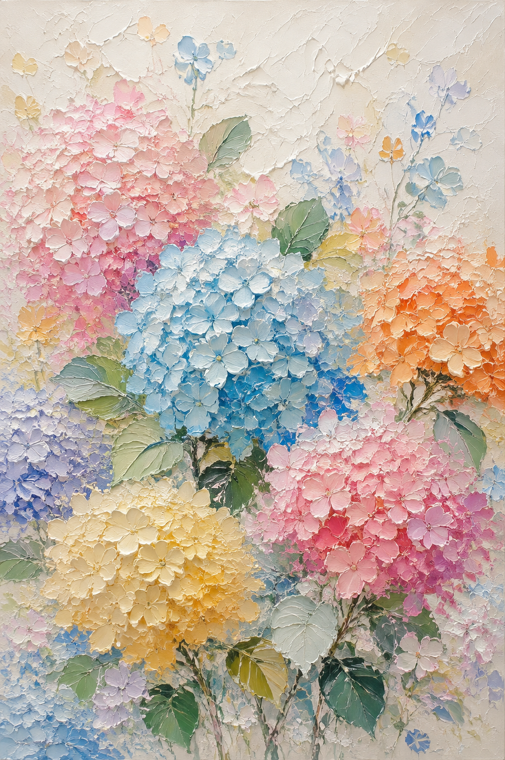 Colorful Hydrangea Garden Textured Framed Canvas Wall Art | Pastel Floral Relief Print