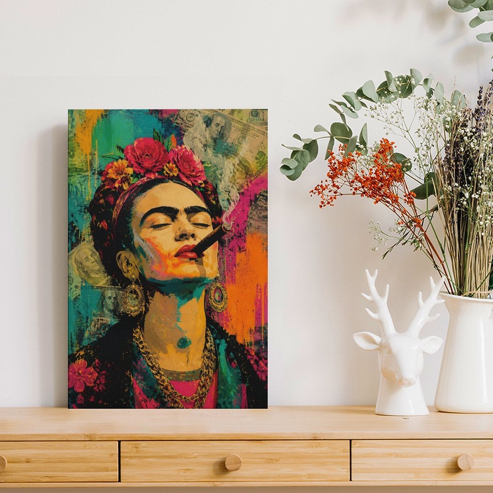 Frida-Style Pop Art Woman with Cigar Framed Canvas Wall Art | Bold Feminist Portrait Print