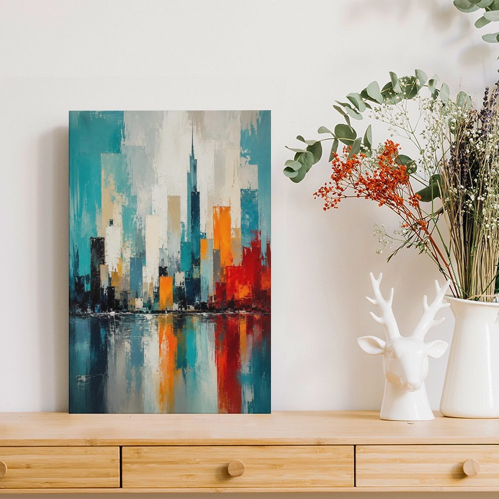 Abstract City Skyline Teal Orange Framed Canvas Wall Art | Modern Urban Palette Knife Print