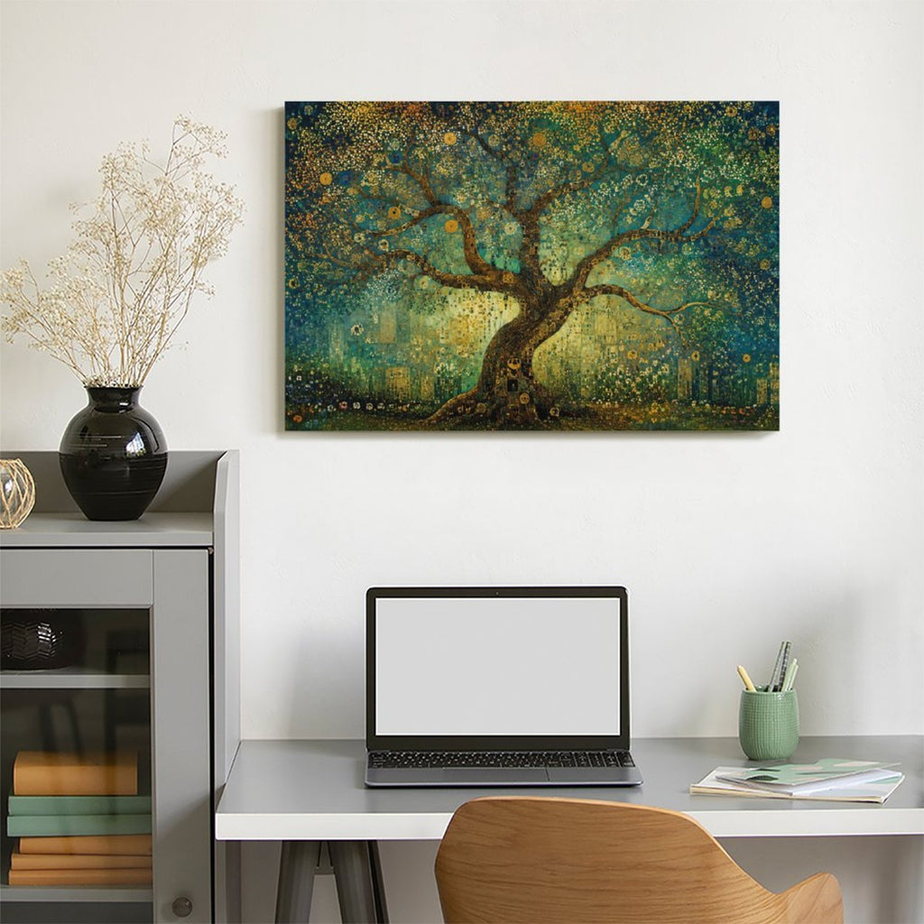 Klimt-Style Tree of Life Gold Mosaic Framed Canvas Wall Art | Art Nouveau Teal Print
