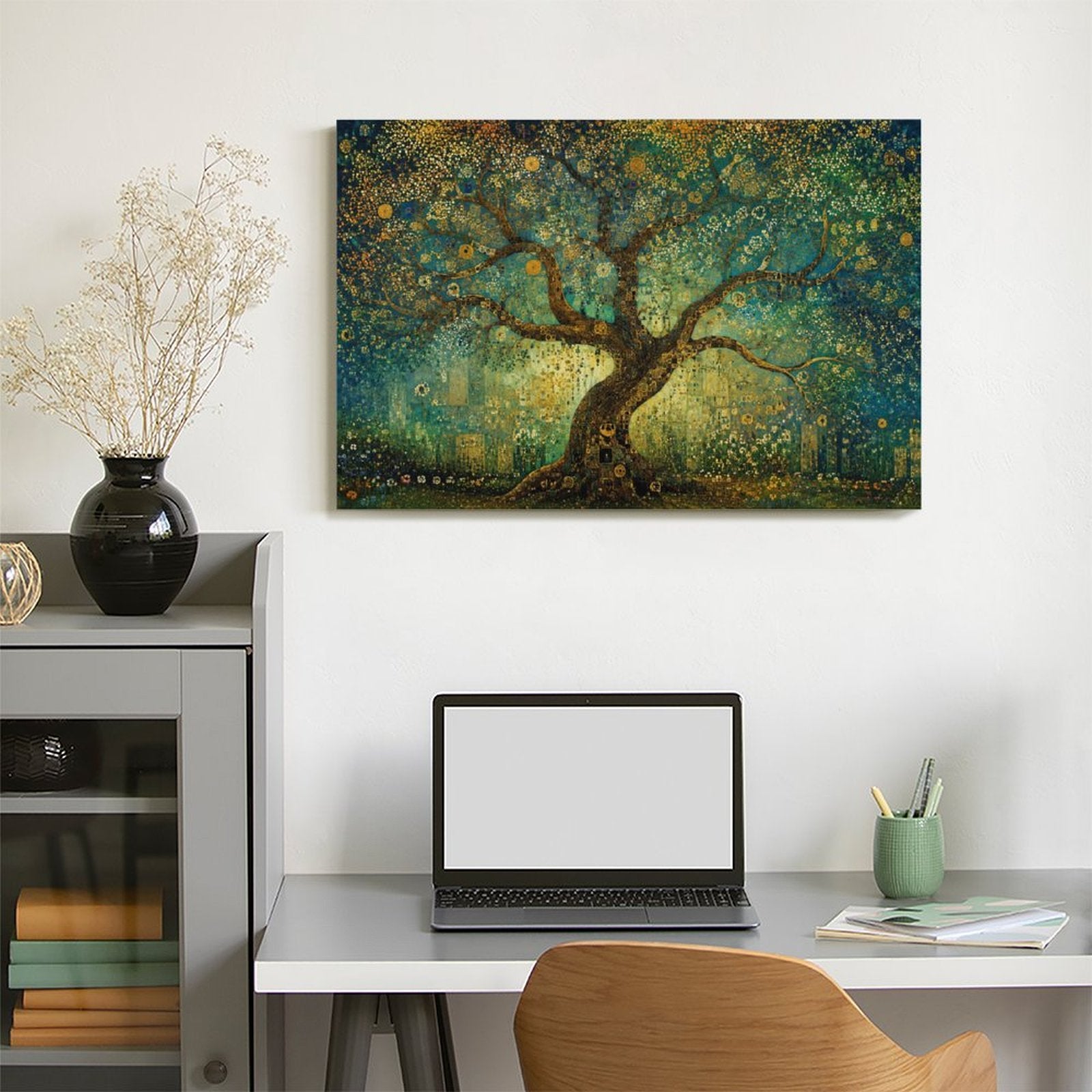 Klimt-Style Tree of Life Gold Mosaic Framed Canvas Wall Art | Art Nouveau Teal Print