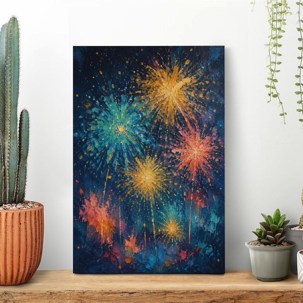 Colorful Fireworks Night Sky Impressionist Framed Canvas Wall Art | Festive Celebration Print