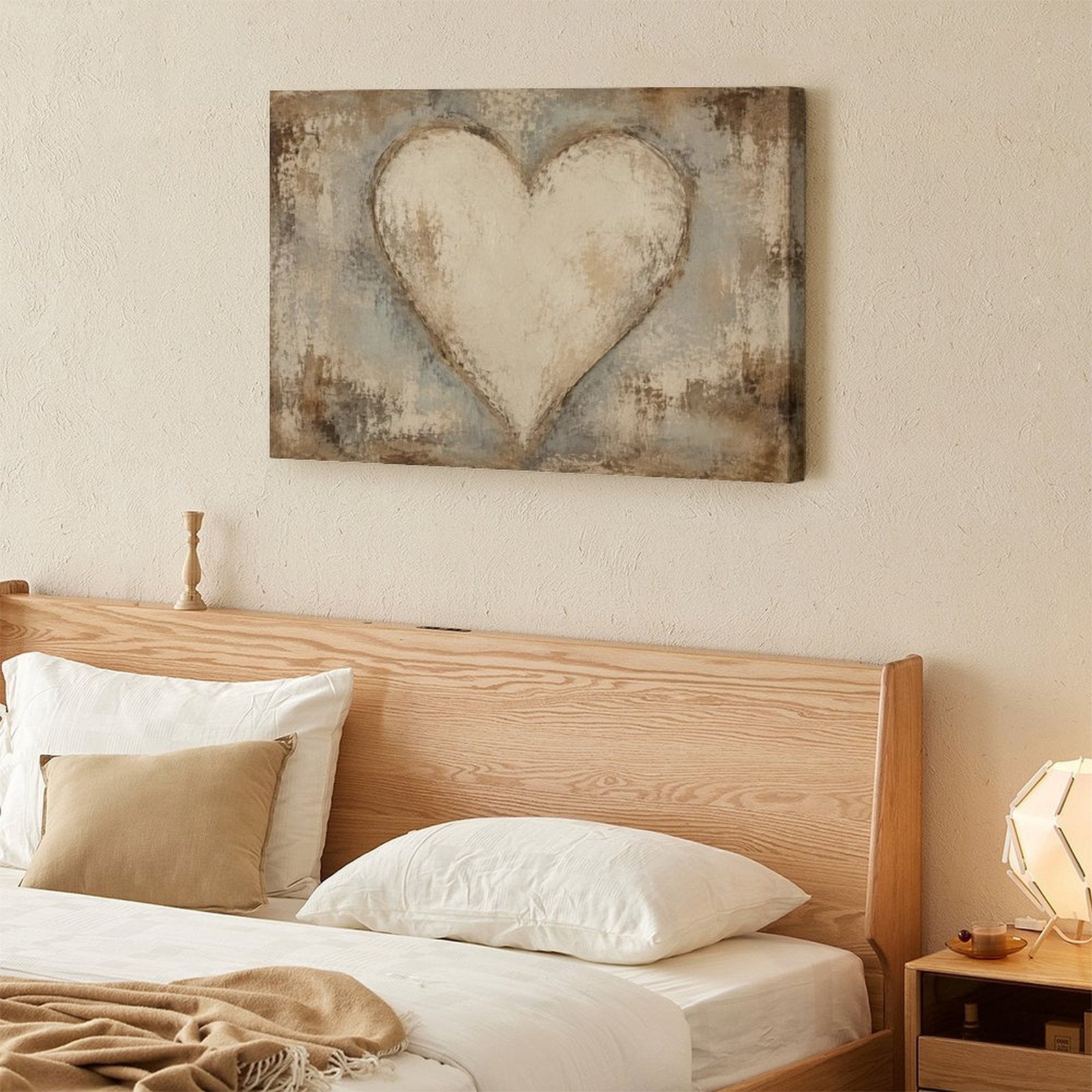 Rustic Cream Heart Textured Framed Canvas Wall Art | Vintage Romantic Love Print