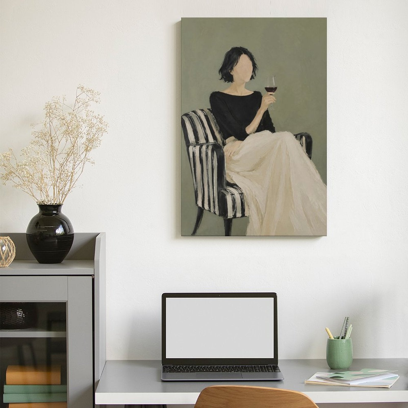 Elegant Woman with Wine Glass Framed Canvas Wall Art | Minimalist Figurative Print
