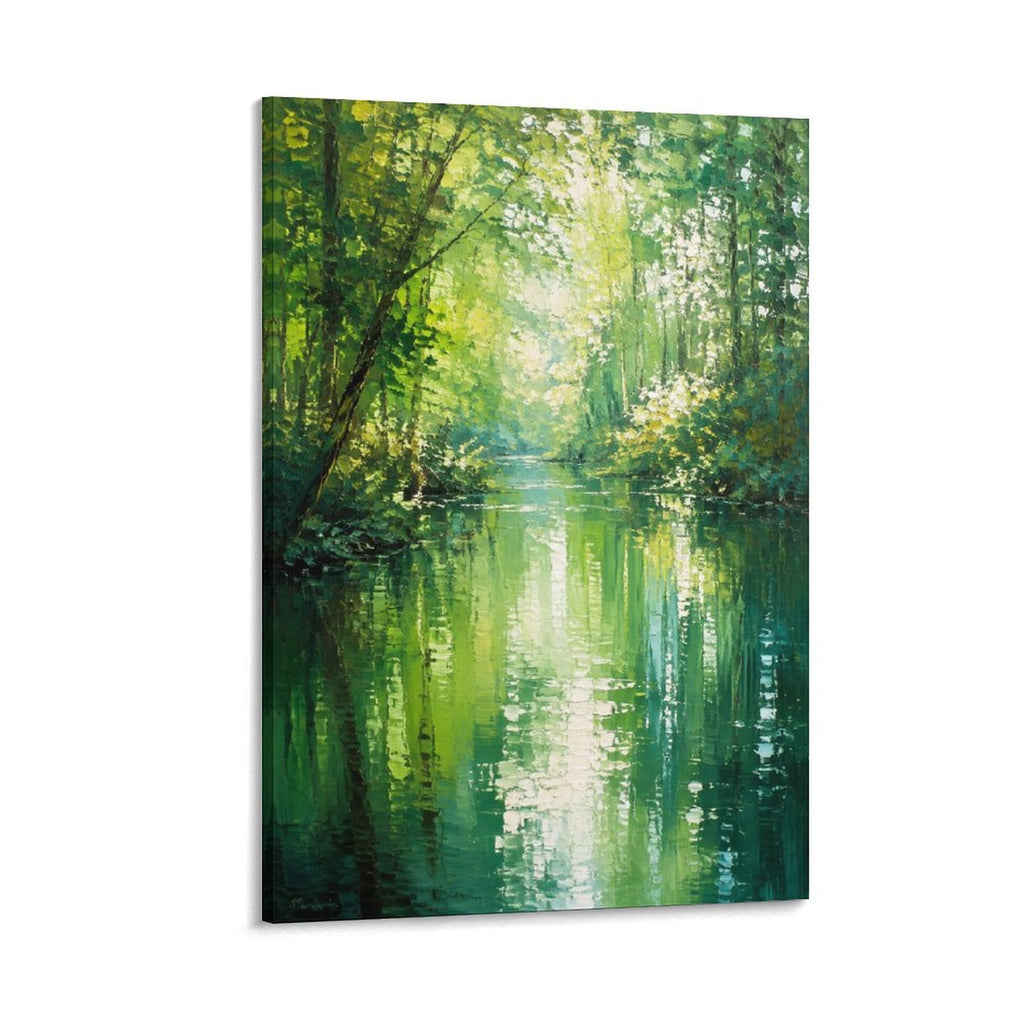 Emerald Forest River Monet-Style Impressionist Green Nature Framed Canvas Wall Art