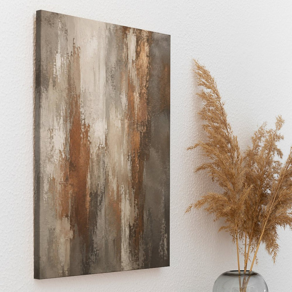 Warm Brown Copper Vertical Textured Abstract Framed Canvas Wall Art | Neutral Wabi-Sabi Print