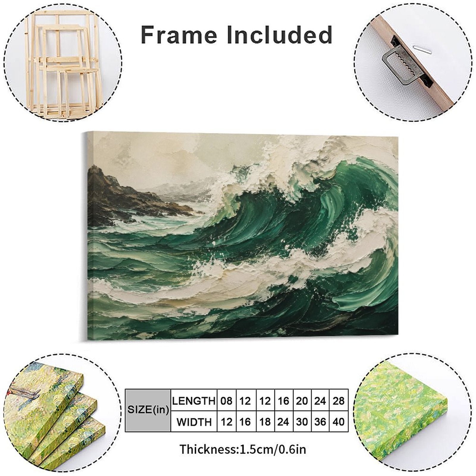 Deep Emerald Ocean Wave Textured Framed Canvas Wall Art | Vintage Coastal Seascape Print