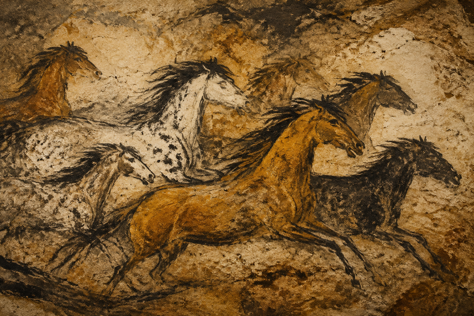 Cave Painting Wild Horses Framed Canvas Wall Art | Prehistoric Primitive Equestrian Print