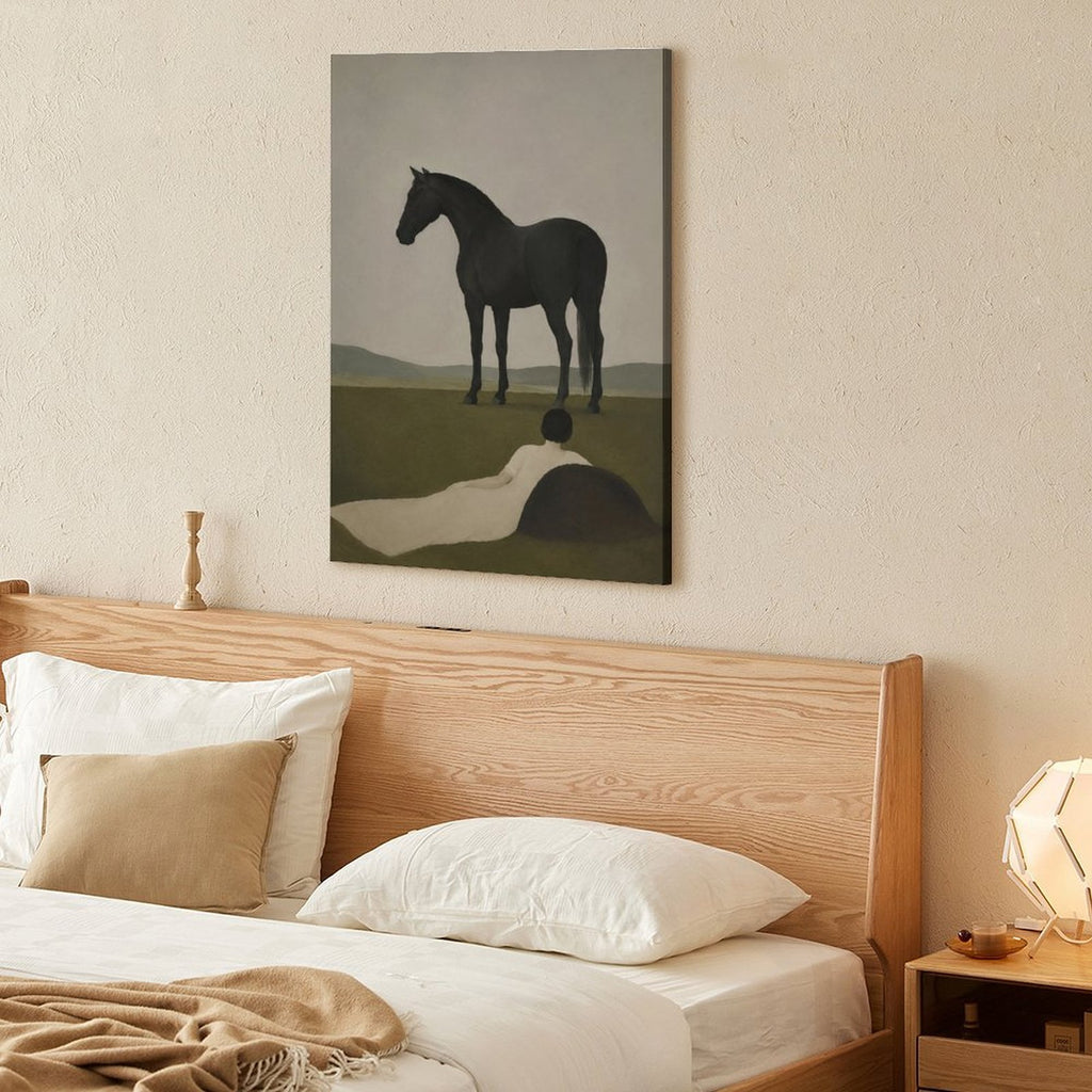 Woman & Black Horse Minimalist Framed Canvas Wall Art | Moody Figurative Print