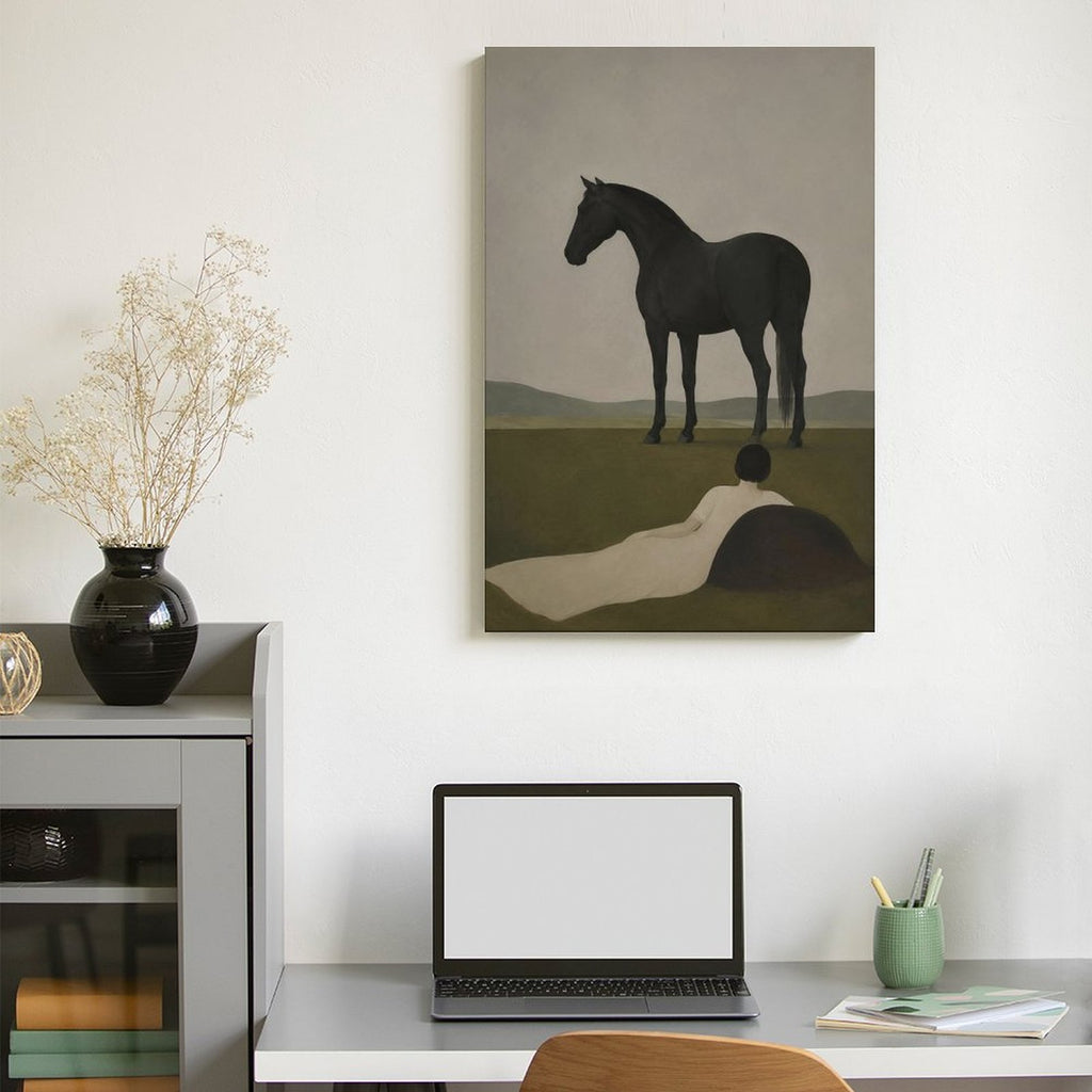 Woman & Black Horse Minimalist Framed Canvas Wall Art | Moody Figurative Print