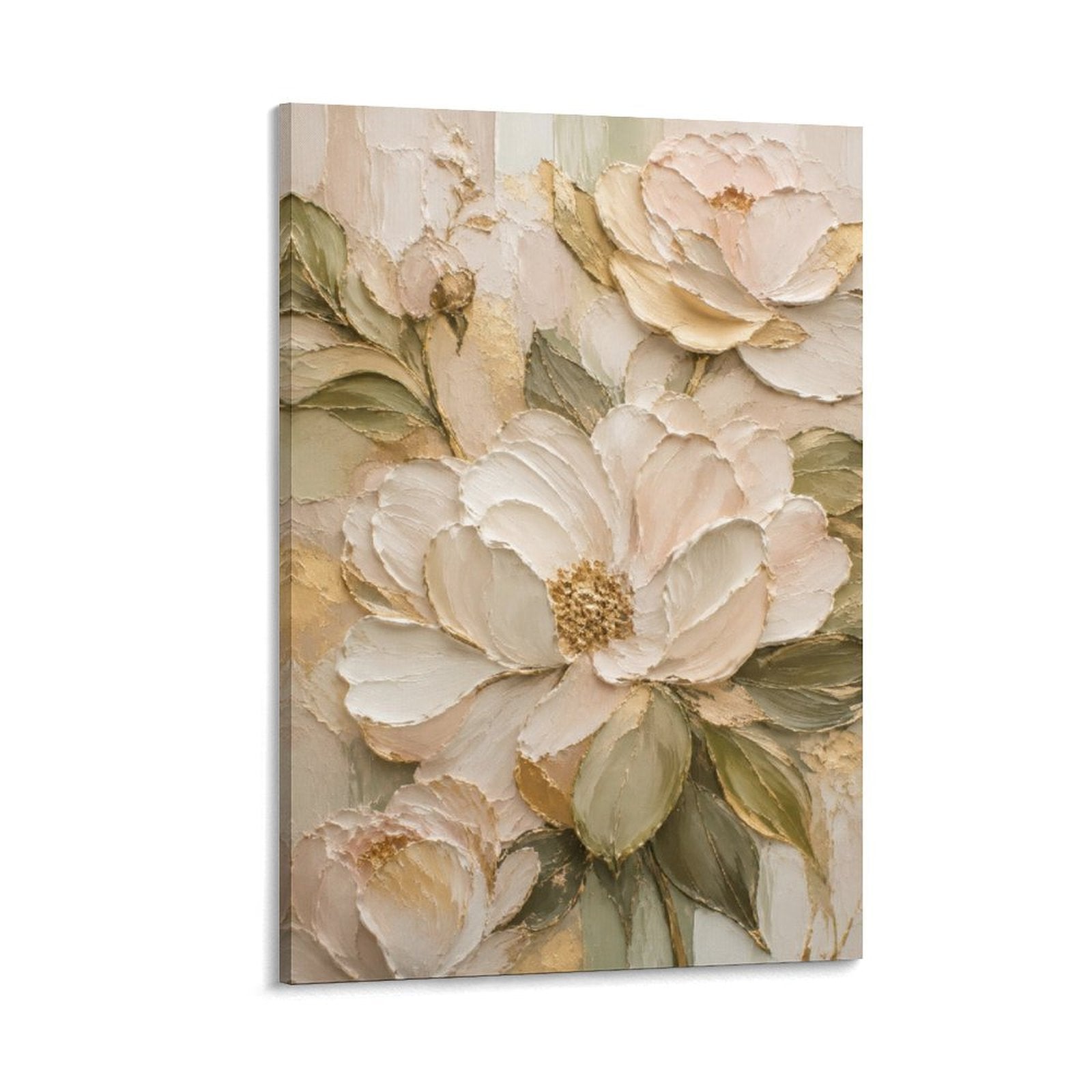 Cream Gold Peony Textured Luxury Floral Relief Framed Canvas Wall Art