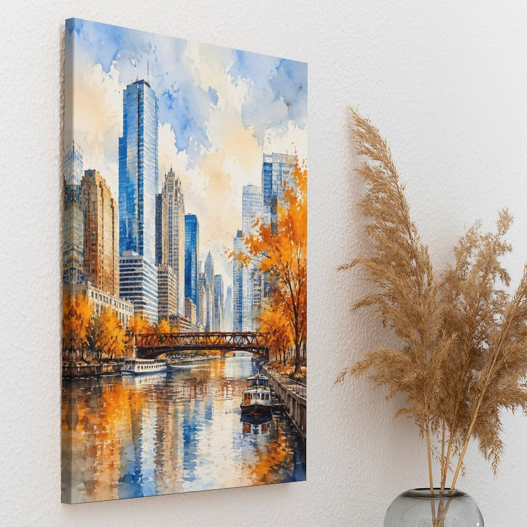 Chicago River Autumn Skyline Watercolor Framed Canvas Wall Art | Impressionist City Print