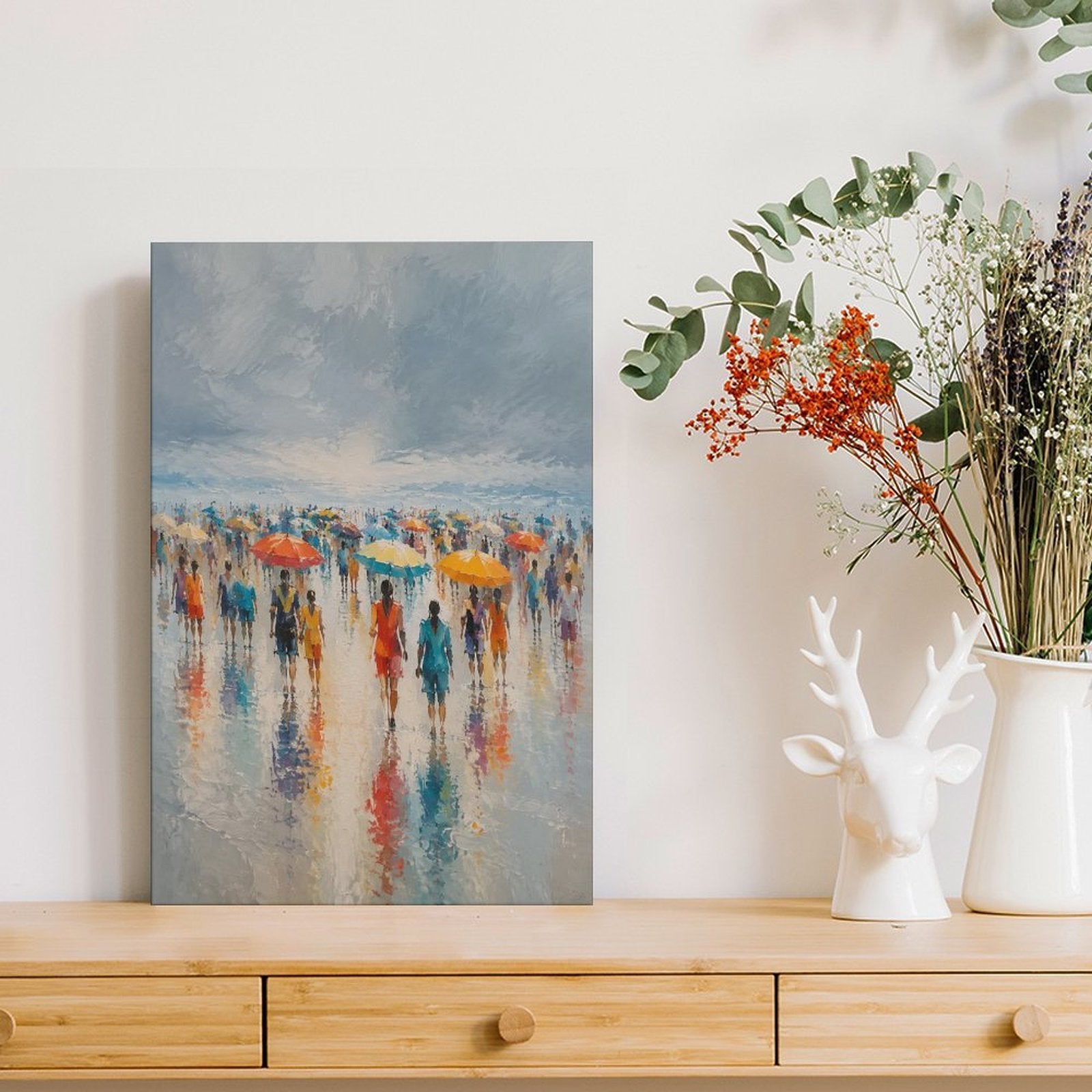 Rainy Beach Crowd Colorful Umbrellas Framed Canvas Wall Art | Impressionist Coastal Figurative Print