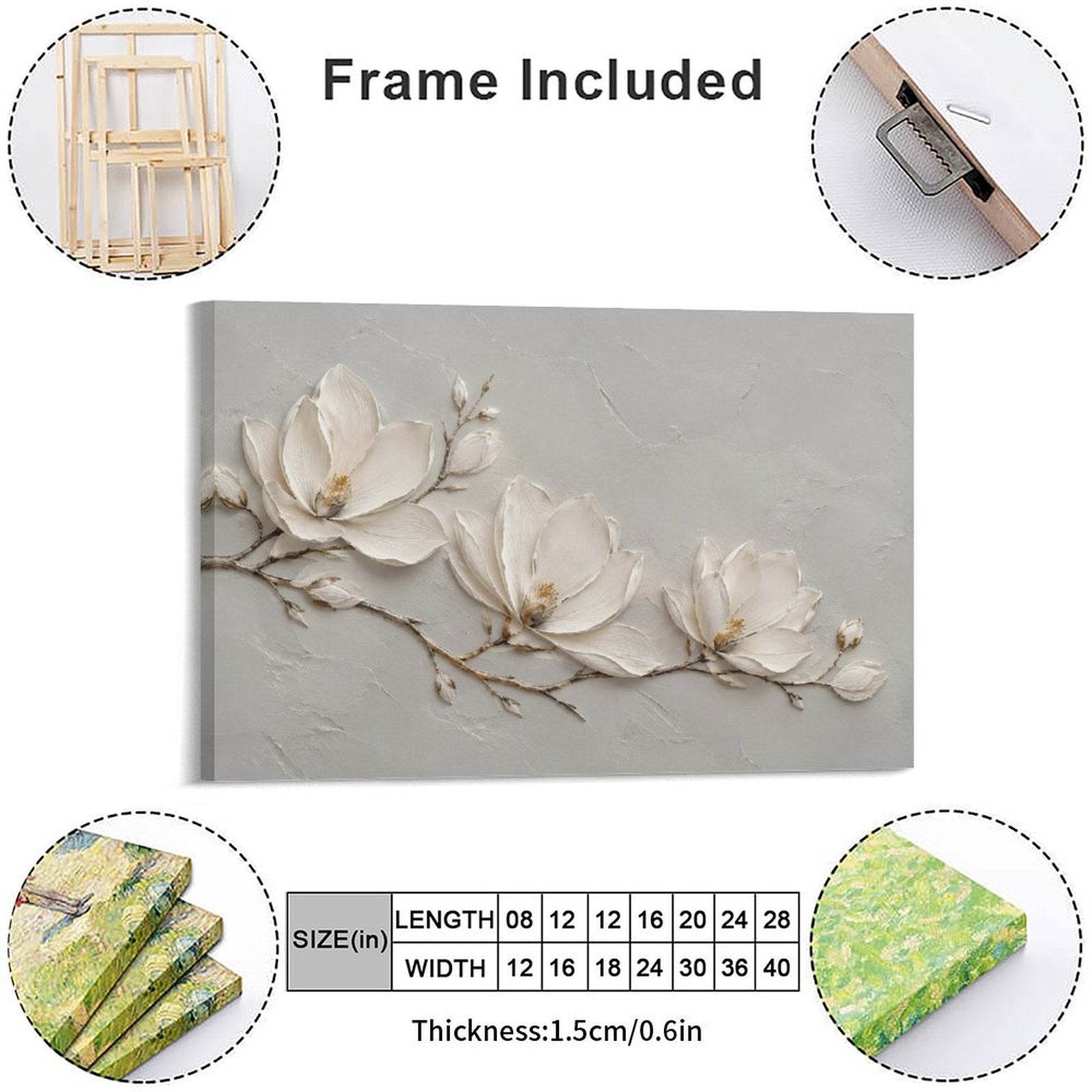 White Magnolia Branch Textured Framed Canvas Wall Art | Minimalist Floral Botanical Print
