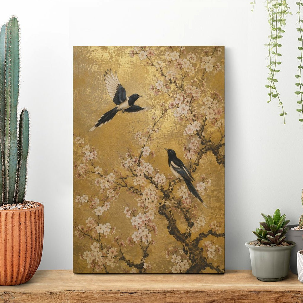 Magpies & Cherry Blossom Gold Framed Canvas Wall Art | Asian Floral Bird Print