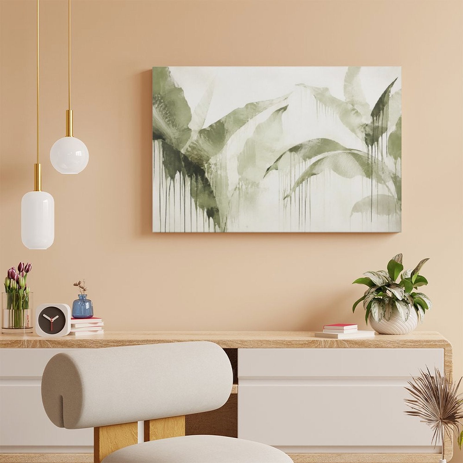 Olive Green Tropical Leaf Drip Watercolor Framed Canvas Wall Art | Minimalist Botanical Print