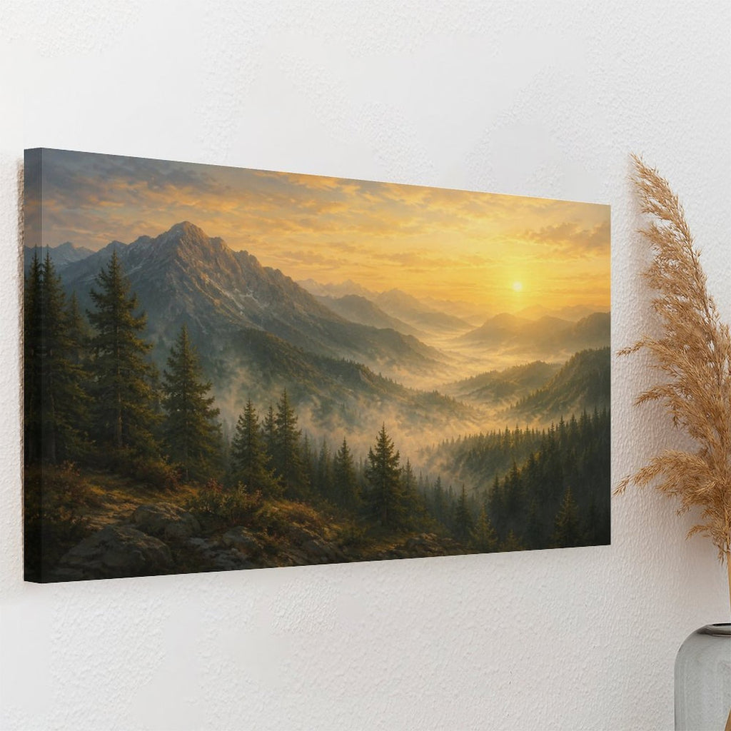 Alpine Mountain Valley Sunrise Framed Canvas Wall Art | Old Master Golden Landscape Print