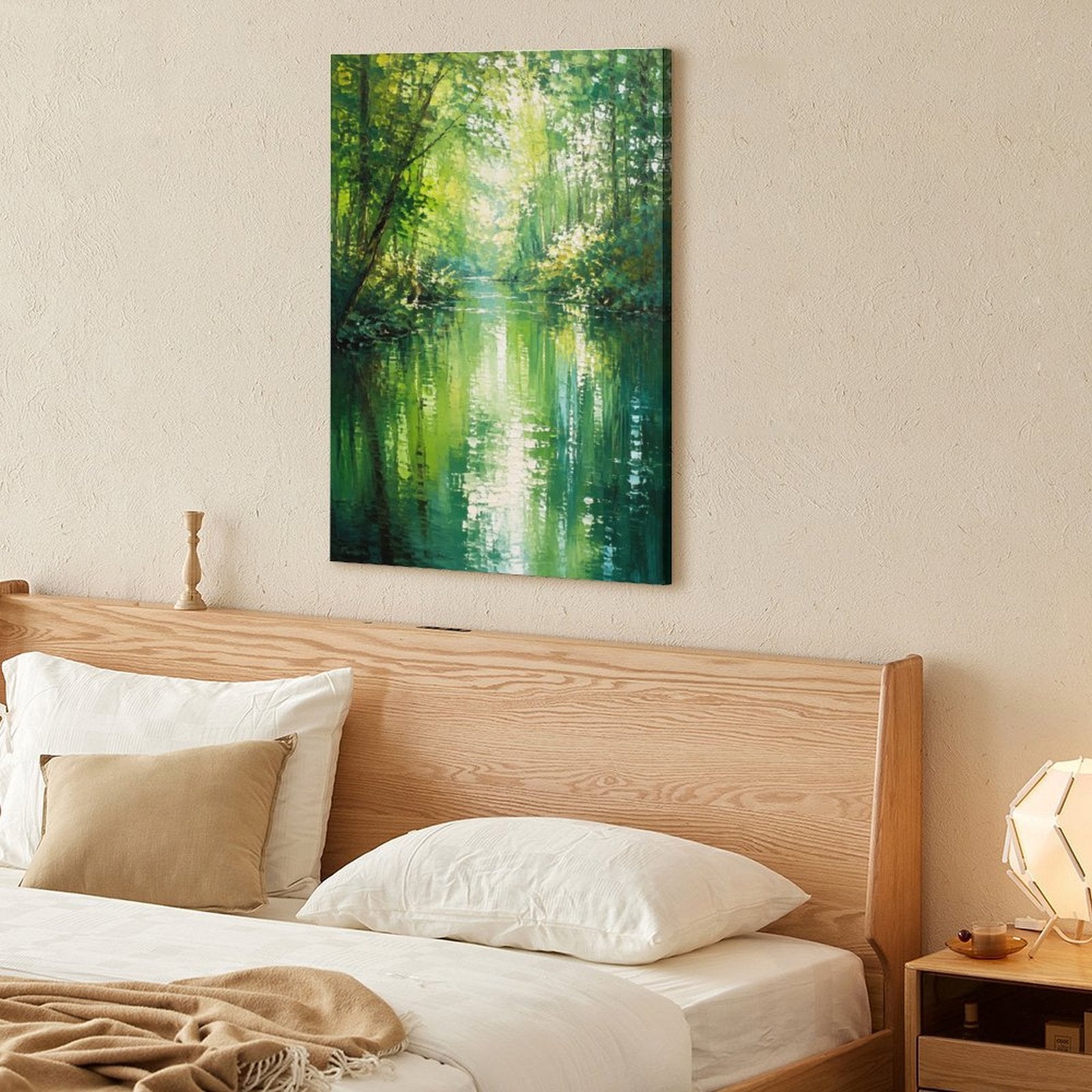 Emerald Forest River Monet-Style Framed Canvas Wall Art | Impressionist Green Nature Print