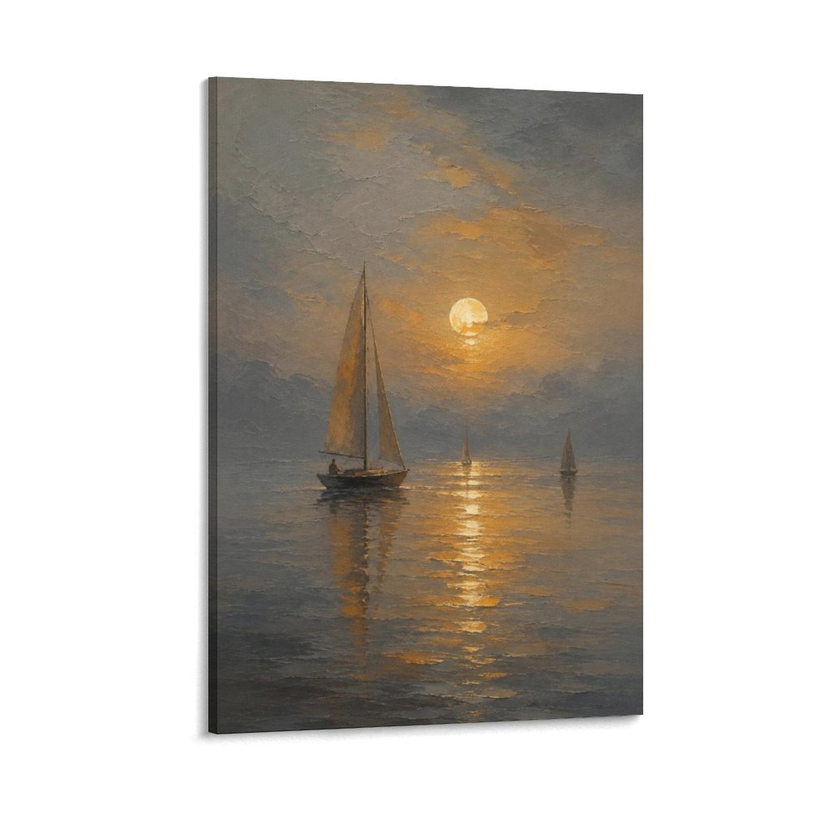 Moonlit Sailboat Misty Sea Old Master Nocturnal Seascape Framed Canvas Wall Art