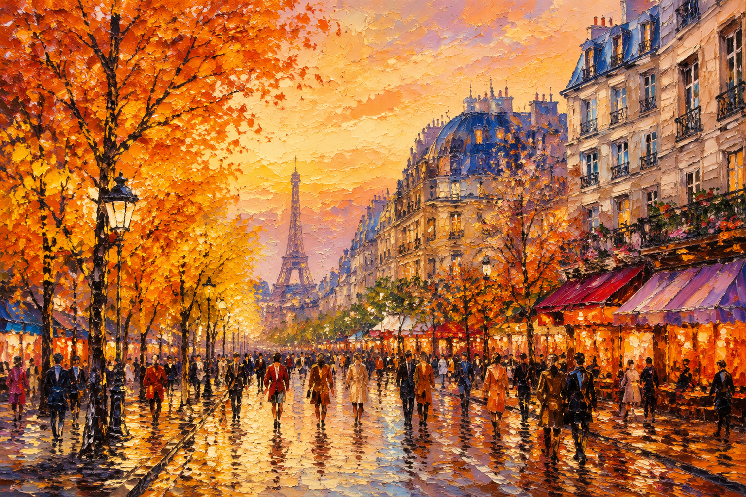 Paris Autumn Street Eiffel Tower Cafe Framed Canvas Wall Art | Impressionist French City Print