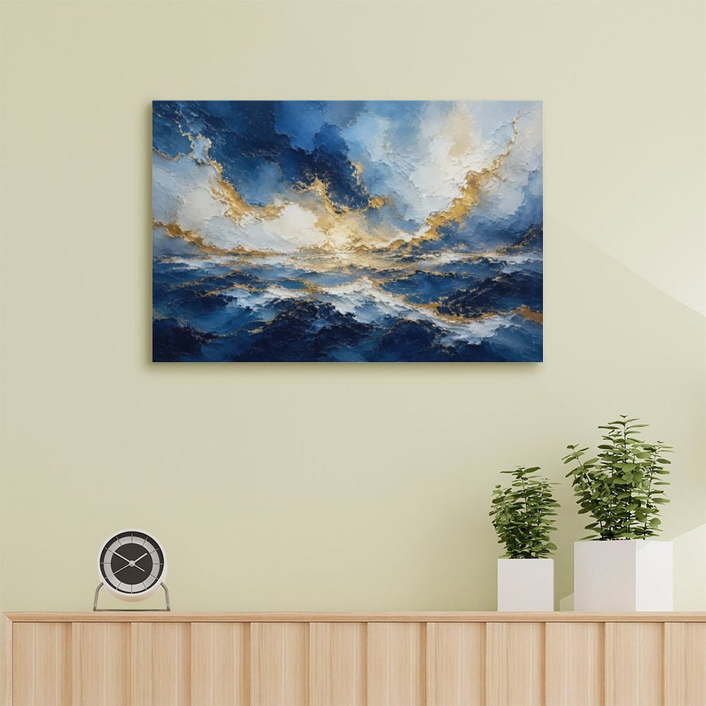 Abstract Navy Blue Gold Ocean Storm Framed Canvas Wall Art | Luxury Seascape Textured Print