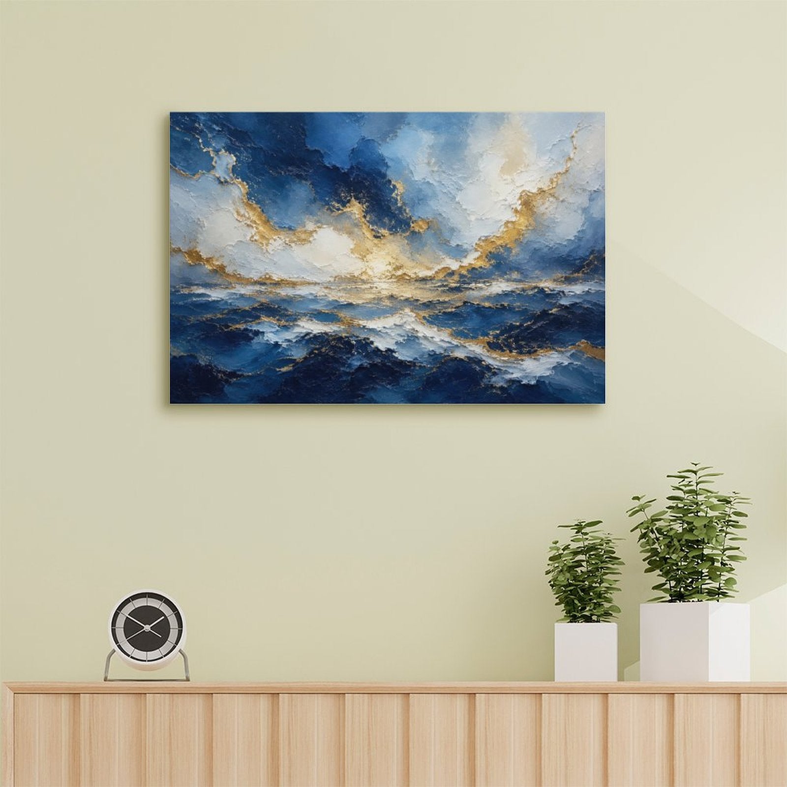 Abstract Navy Blue Gold Ocean Storm Framed Canvas Wall Art | Luxury Seascape Textured Print