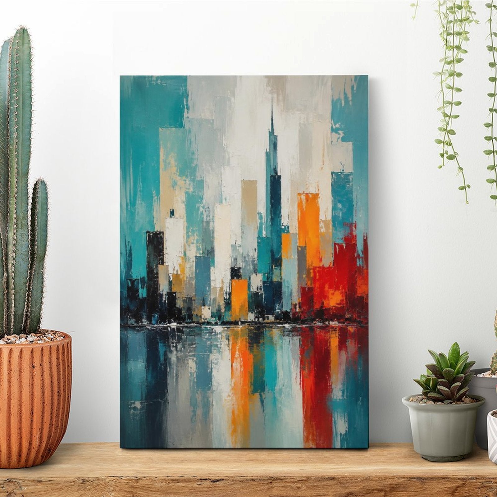 Abstract City Skyline Teal Orange Framed Canvas Wall Art | Modern Urban Palette Knife Print