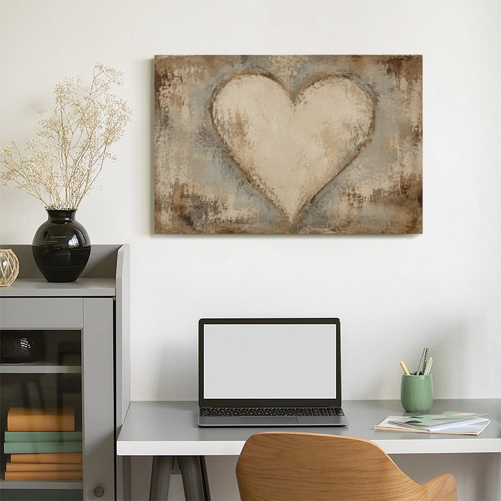Rustic Cream Heart Textured Framed Canvas Wall Art | Vintage Romantic Love Print