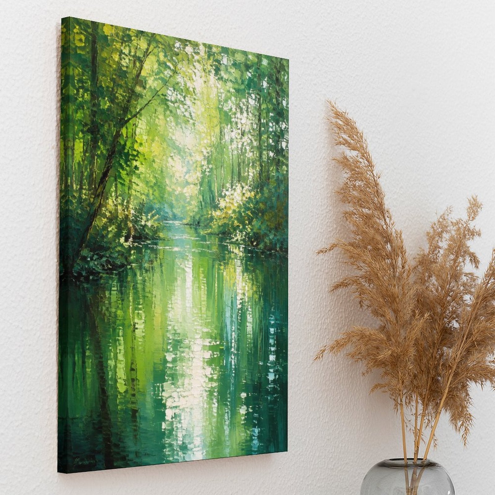 Emerald Forest River Monet-Style Framed Canvas Wall Art | Impressionist Green Nature Print