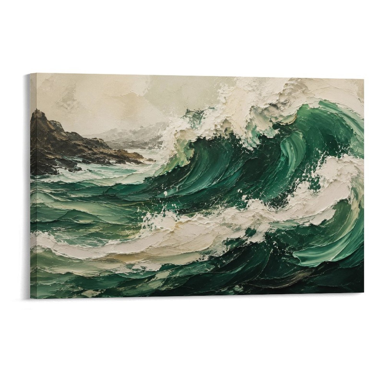 Deep Emerald Ocean Wave Textured Vintage Coastal Seascape Framed Canvas Wall Art