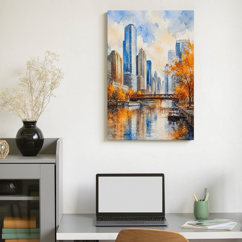 Chicago River Autumn Skyline Watercolor Framed Canvas Wall Art | Impressionist City Print