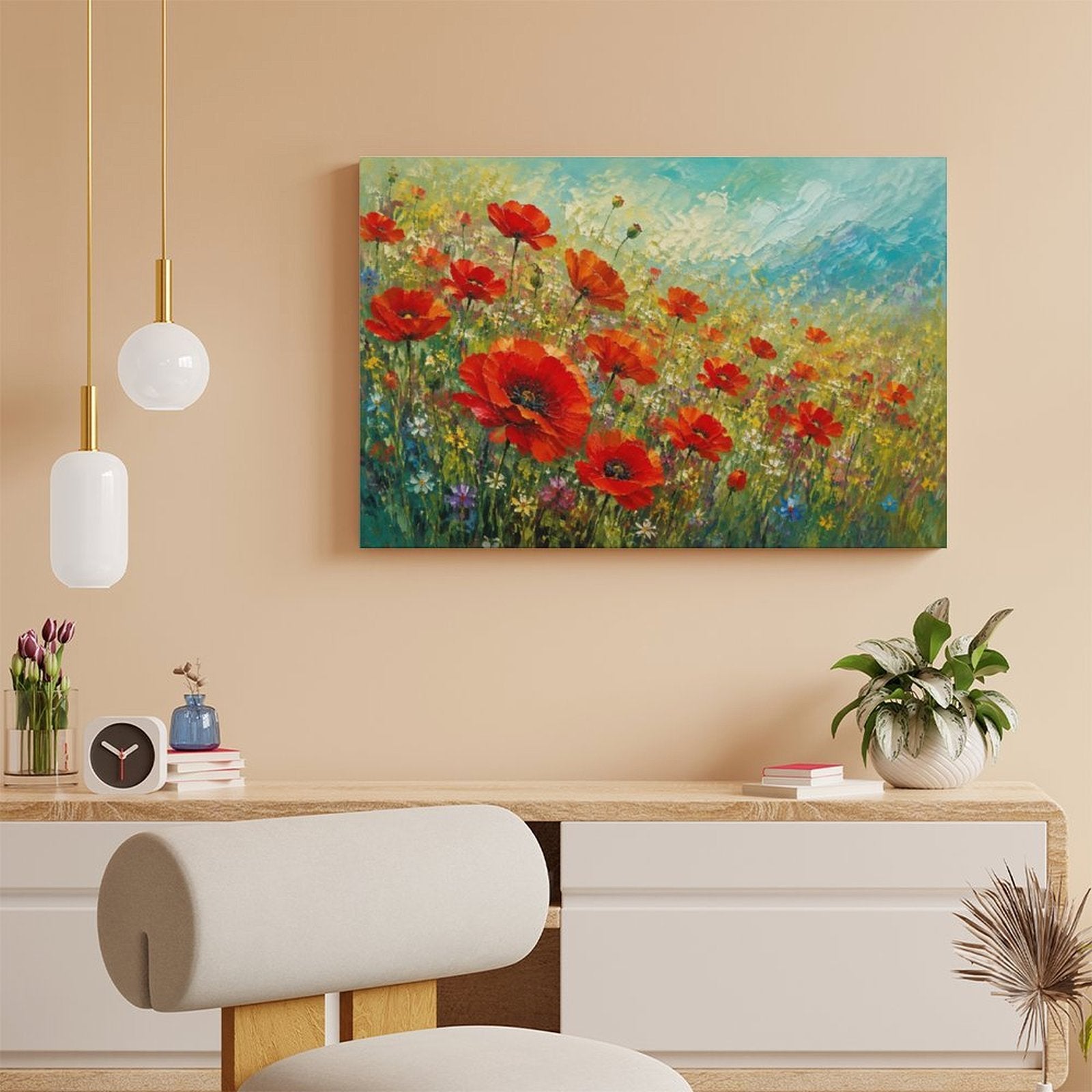 Red Poppy Wildflower Meadow Framed Canvas Wall Art | Impressionist Floral Field Print