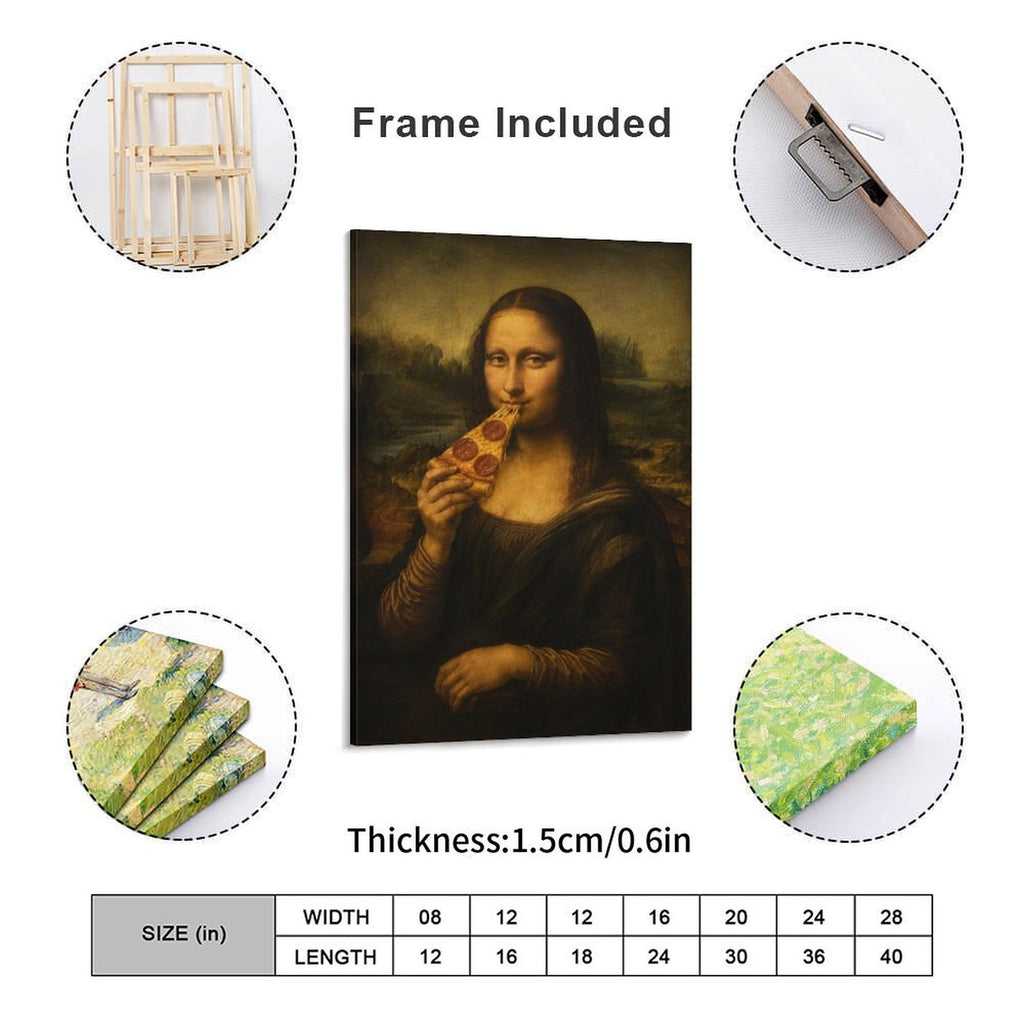 Mona Lisa Eating Pizza Funny Framed Canvas Wall Art | Humorous Pop Art Parody Print