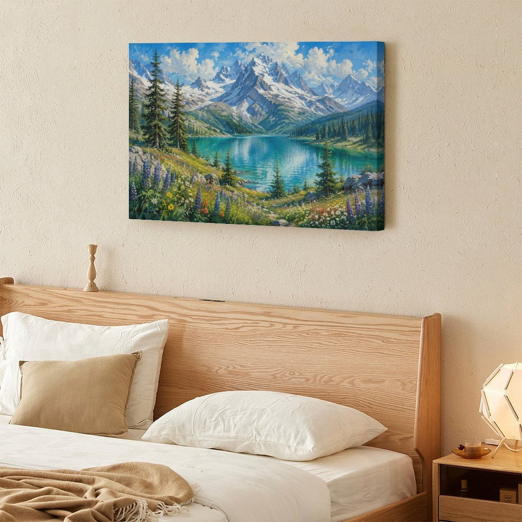 Alpine Turquoise Lake Wildflower Meadow Framed Canvas Wall Art | Mountain Landscape Print