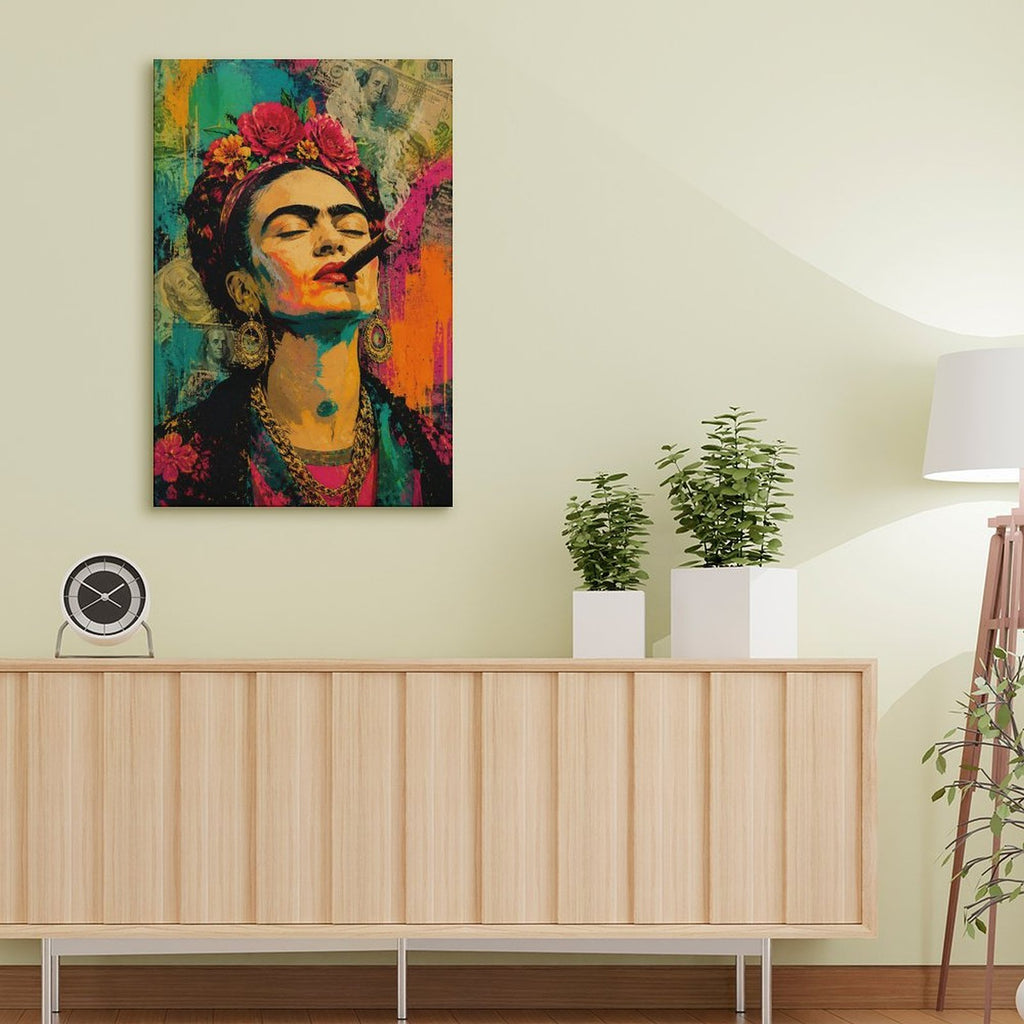 Frida-Style Pop Art Woman with Cigar Framed Canvas Wall Art | Bold Feminist Portrait Print