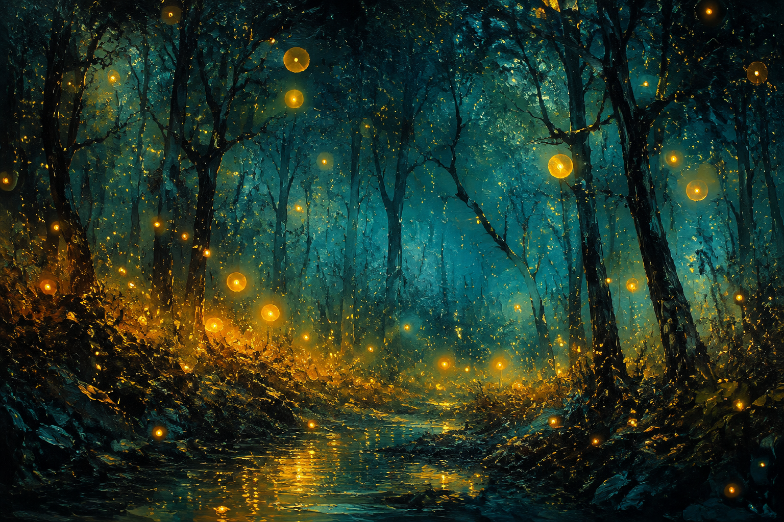Firefly Enchanted Forest Night Framed Canvas Wall Art | Magical Dark Woodland Stream Print