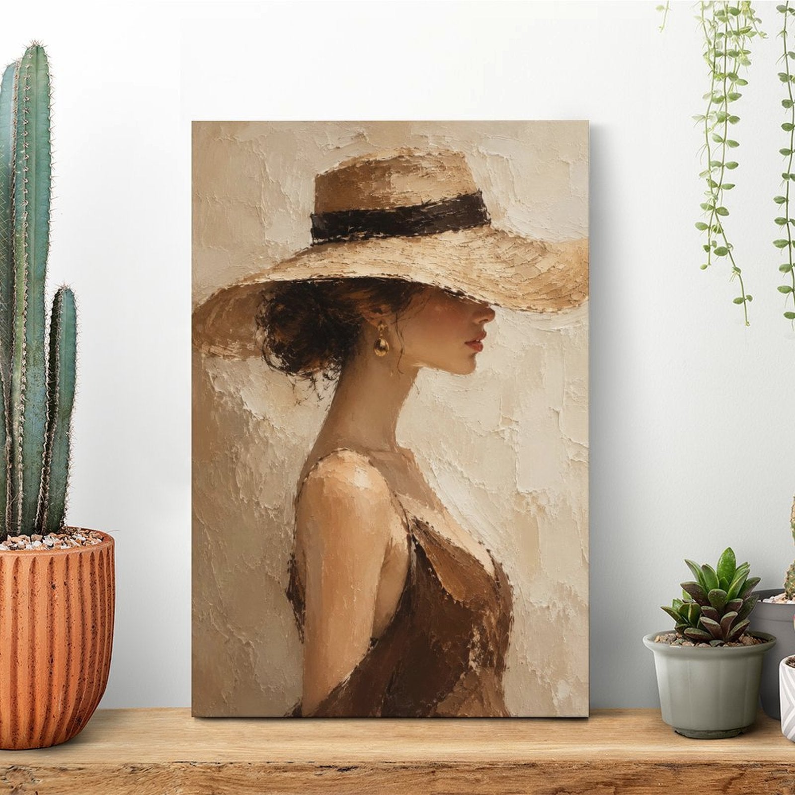 Elegant Woman Wide Brim Hat Textured Framed Canvas Wall Art | Neutral Figurative Portrait Print