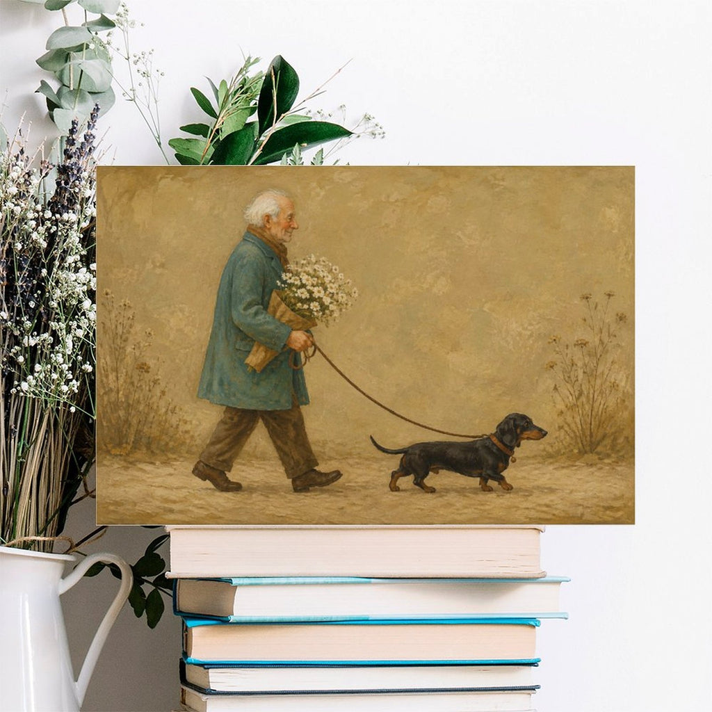 Old Man Walking Dachshund with Daisies Framed Canvas Wall Art | Vintage Heartwarming Dog Print