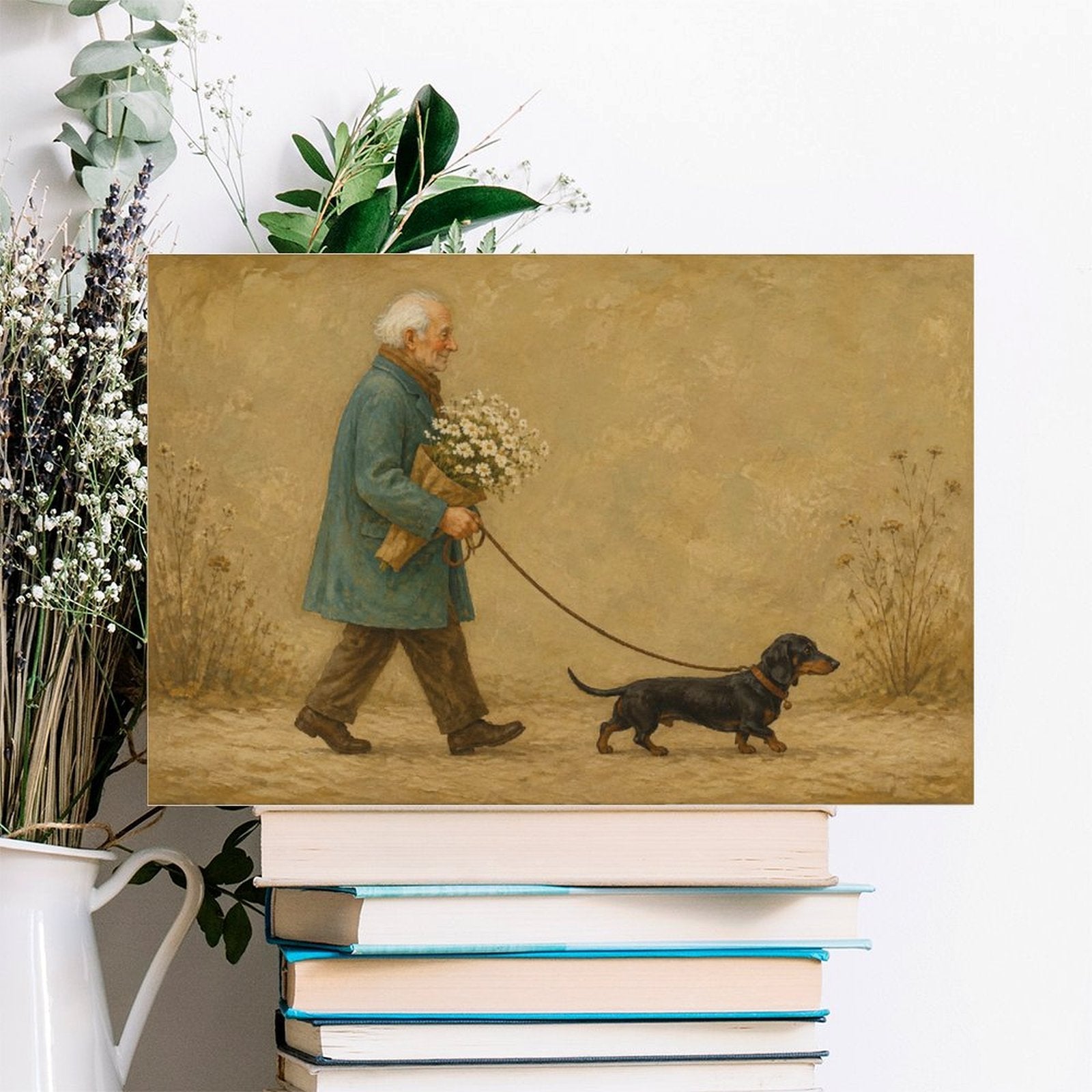 Old Man Walking Dachshund with Daisies Framed Canvas Wall Art | Vintage Heartwarming Dog Print