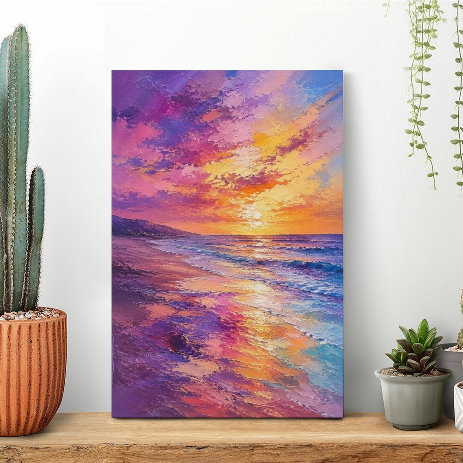 Purple Orange Sunset Beach Framed Canvas Wall Art | Vibrant Coastal Seascape Print