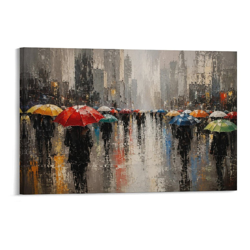 Rainy City Street Colorful Umbrellas Impressionist Urban Scene Framed Canvas Wall Art