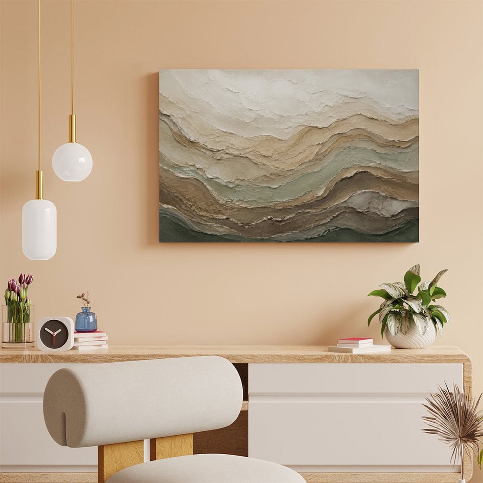 Earth Tone Layered Wave Textured Abstract Framed Canvas Wall Art | Neutral Geological Print