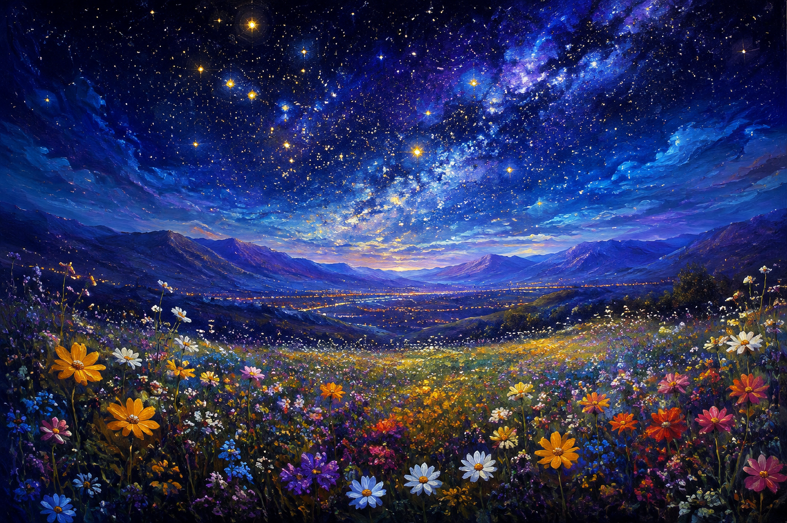 Starry Night Wildflower Meadow Framed Canvas Wall Art | Galaxy Sky Colorful Floral Landscape Print