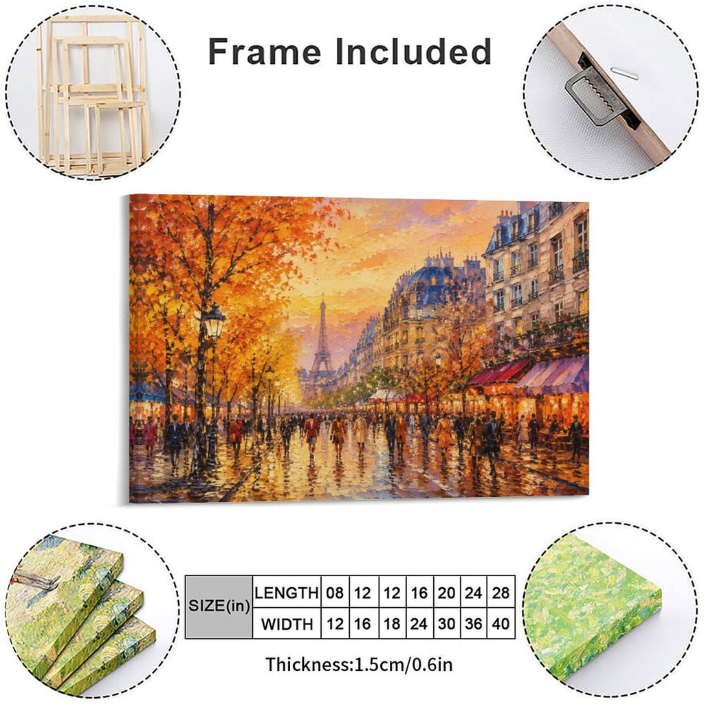 Paris Autumn Street Eiffel Tower Cafe Framed Canvas Wall Art | Impressionist French City Print