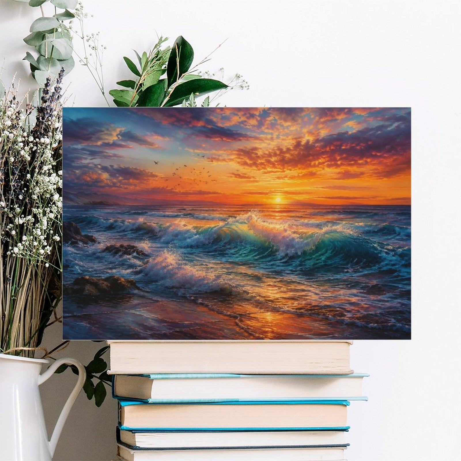 Dramatic Ocean Wave Sunset Framed Canvas Wall Art | Teal Crashing Wave Seascape Print