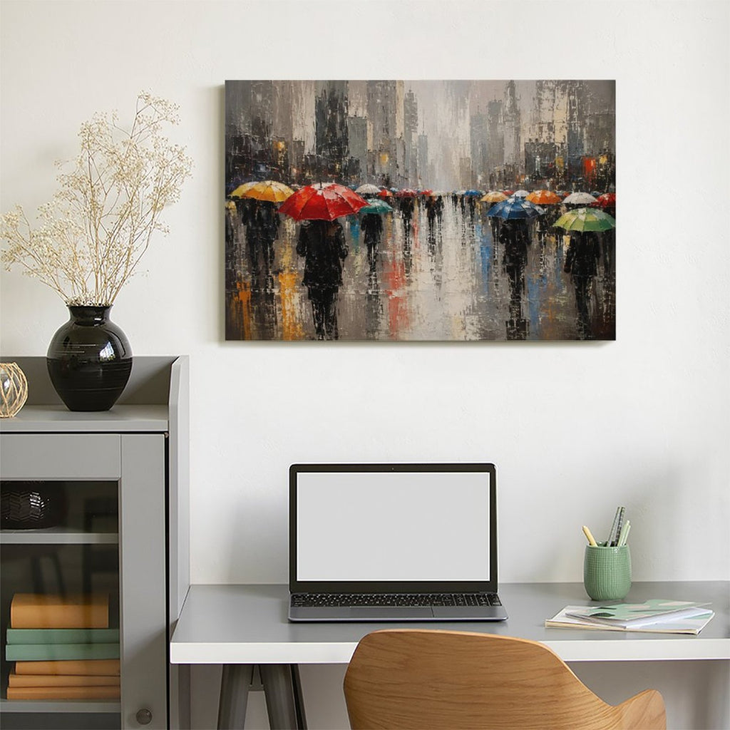 Rainy City Street Colorful Umbrellas Framed Canvas Wall Art | Impressionist Urban Scene Print